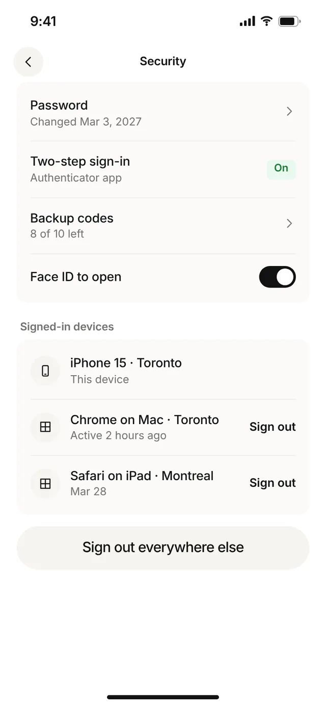 Claimwise app screen: security