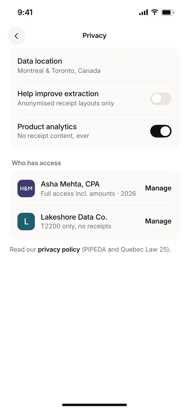 Claimwise app screen: privacy