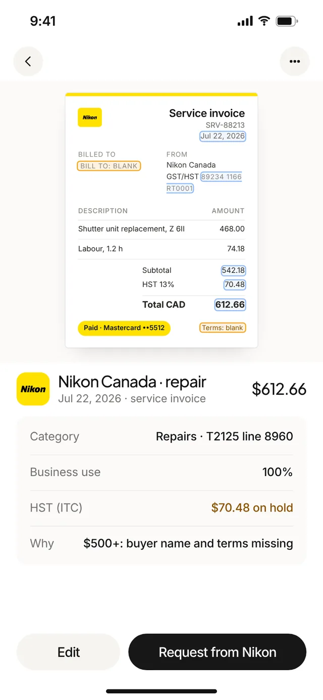 Claimwise app screen: receipt detail