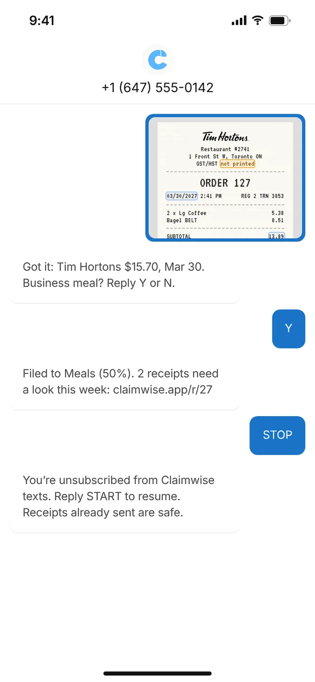 Claimwise app screen: sms