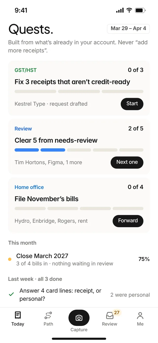 Claimwise app screen: quests