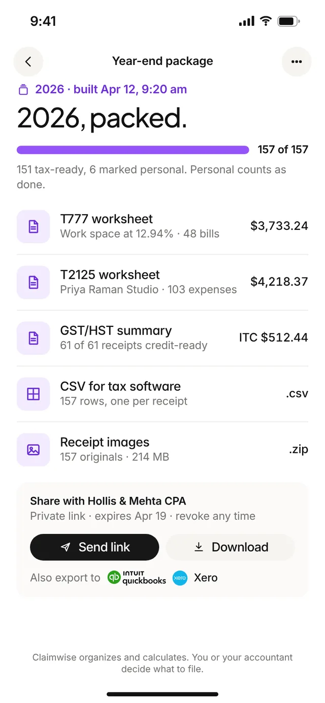 Claimwise app screen: package
