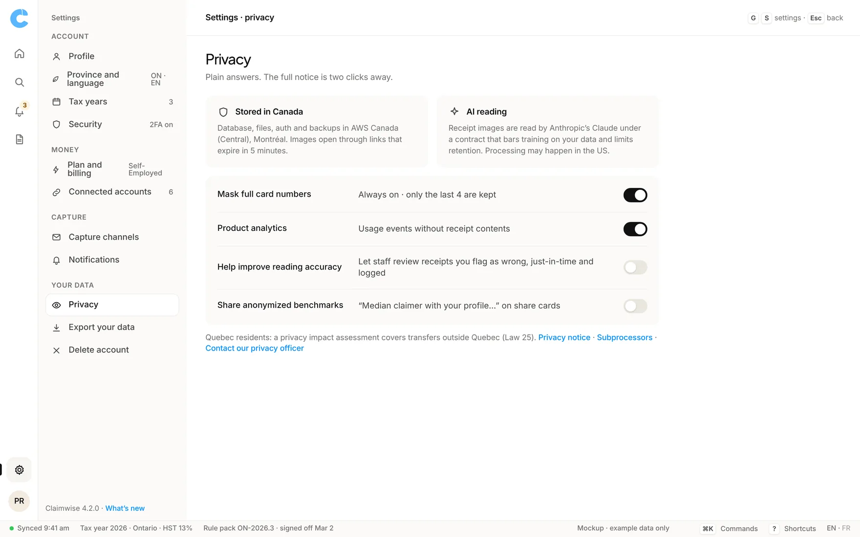 Claimwise app screen: settings privacy