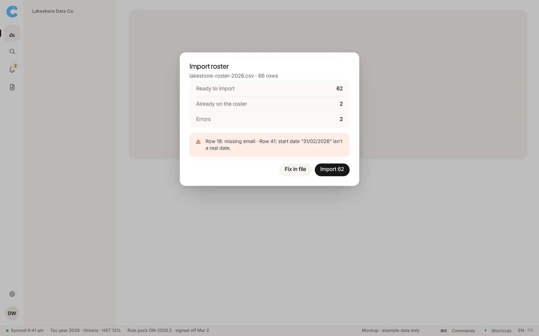 Claimwise app screen: hr roster import