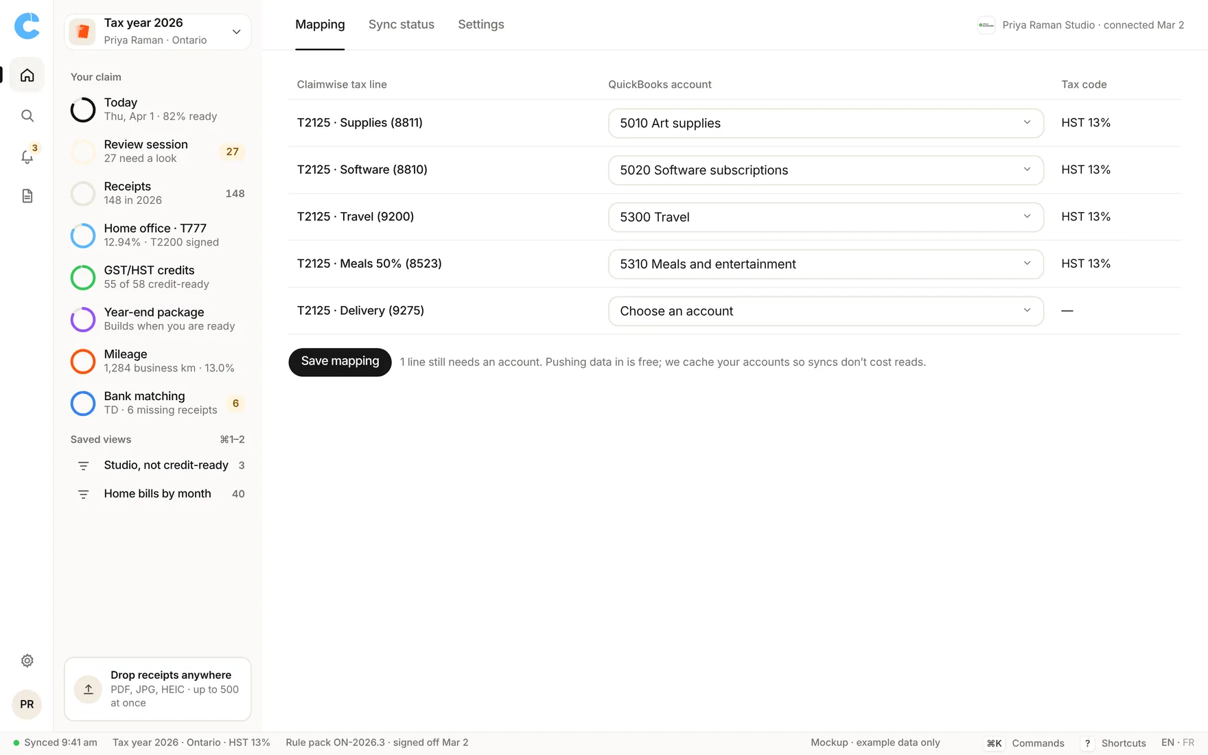 Claimwise app screen: quickbooks mapping