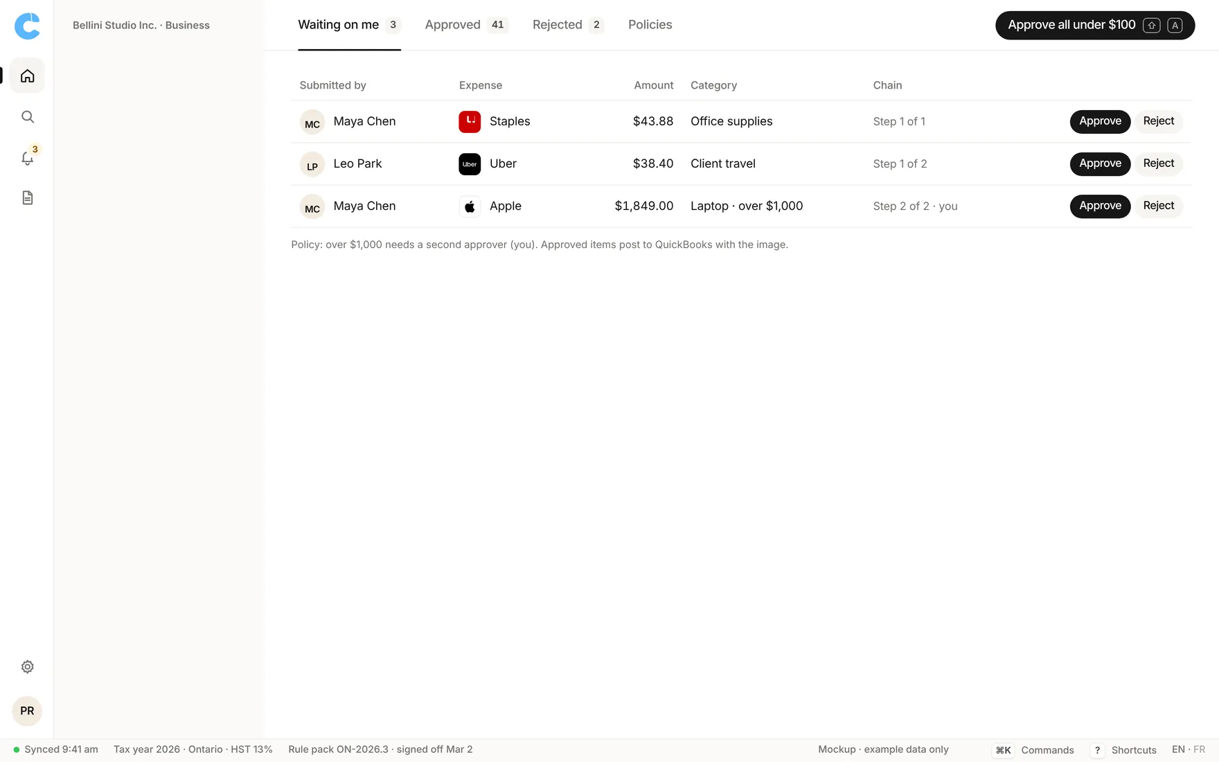 Claimwise app screen: approvals